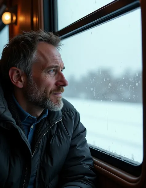 portrait,  a man rides in a train compartment , sitting next to the window. looks out the window.  outside the window is a vast snowy frosty landscape ,  focus on snowfields under the winter sun outside the window, longing and loneliness , close-up