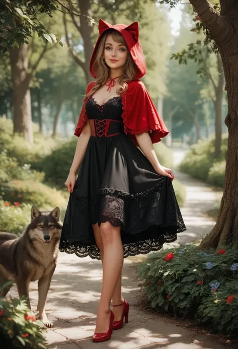 ((( BARELY LEGAL, cute face, sexy Little Red Riding Hood))), wolf, trees, (((very sexy lace strip dress))), ((((seen full body))))