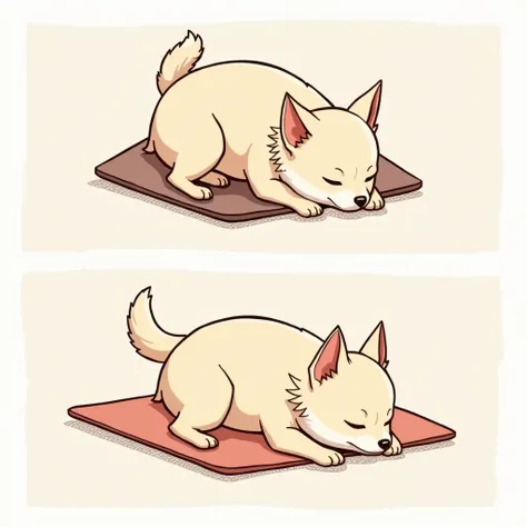 Chibi Style, dot halftone ,  drawn with crayons, Flat Color ,Two-panel comic strip,Long coat chihuahuas lying face down 、The color of the chihuahua is cream 、 have their upper body on a triangular cushion、Your lower body is on a yoga mat