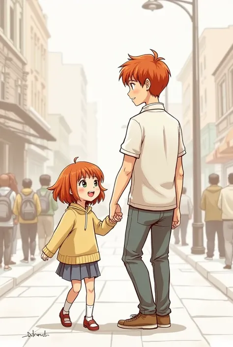  Sketch of a smiling red-haired girl holding a tall boys hand, on a street near a pole 