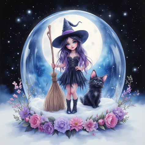 A whimsical and tipsy little witch in a white snow globe with a wispy black background and white snow and silky cobwebs. She has long black and punk purple hair, wears a black top hat, and a tattered black witch dress, leaning against a shabby broom. A flu...