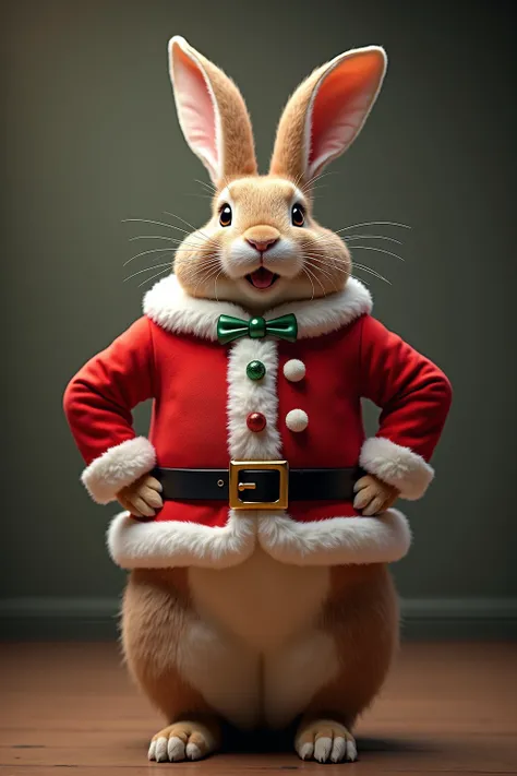 photorealistic portrait of Dressed animals - a ((fat)) (hare) performer,(Art by wlop:1.2),(Christmas theme),(cute),(happy smile:1.2), (elegant),(hands on hips:1.5), high quality,(lovely) ,(highly detailed Santa Claus costume:1.5),Christmas motif accessorie...