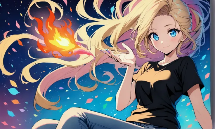 Anime girl, (shoulder-length blond hair, beautiful hairstyle, clear forehead, blue eyes, wears a black T-shirt and jeans , smile, colored pencil in hand) with a colorful fire around her. Artist Girl. colorful background