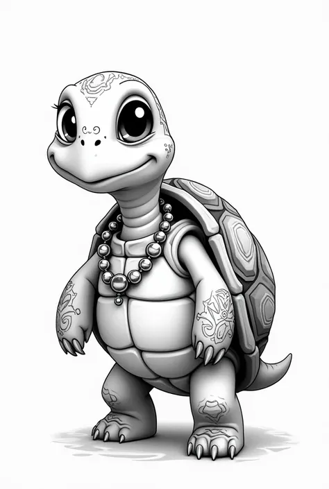  cartoon turtle traveling merchant，Black and white monochrome line art，Pearl necklace hanging around the neck ，No shading required，2D