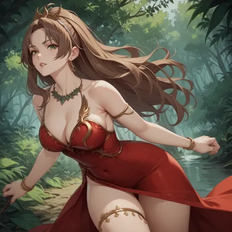   score_9,  score_8_up,  score_7_up,  score_6_up,  score_5_up,  score_4_up,  1 girl,  brown hair,  long hair, Green Eyes、Dense forest、red dress, Thighs、Gold decoration