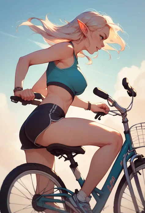 elf girl, sitting on top of bicycle, in running shorts, short shorts, side view,
