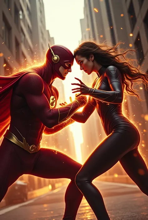 Superhero Flash and a woman face to face and POCISAO fighting with serrated fists