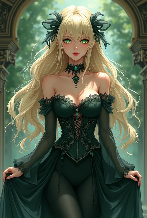 Female character, Blonde, Long hair, Green eyes, gothic dress,  anime , Japanese comic movies