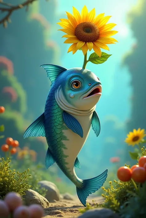 Disney-Pixar movie poster.
Features a mackerel holding a sunflower.