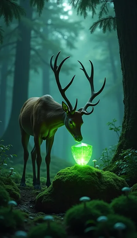 "Depict a deer standing gracefully in the middle of a dark forest, surrounded by the shadows of tall trees with dense foliage. The deer is slightly lowering its head, appearing as if it is about to kiss a glowing light green gemstone resting on a moss-cove...