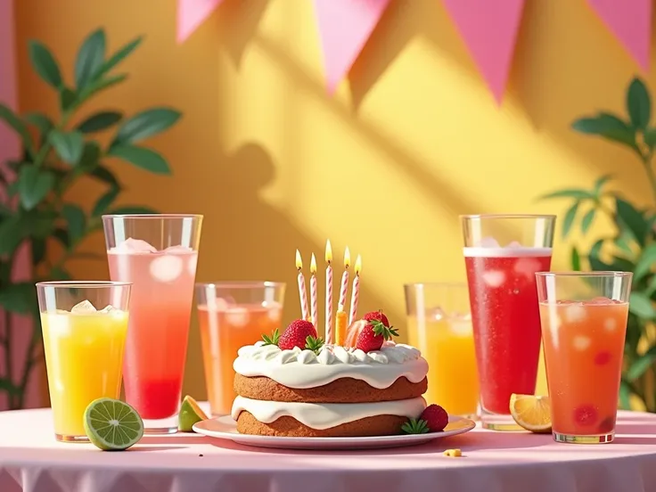  a birthday table decorated with soda, Juice and cake and some glasses 