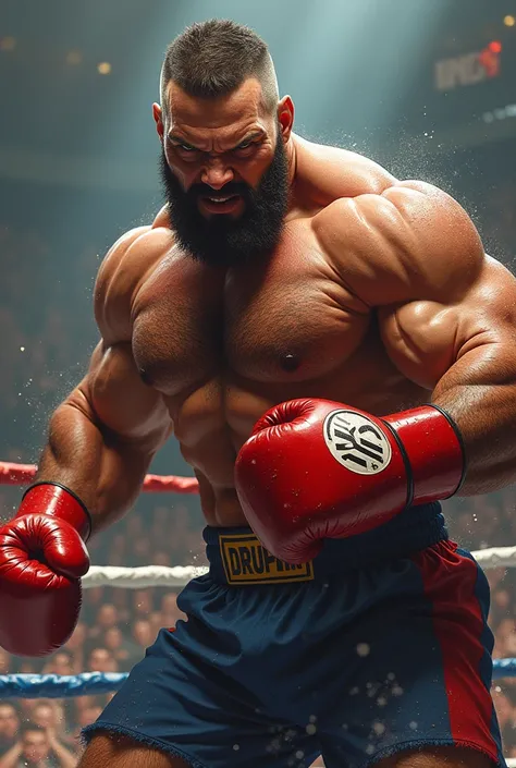 fighting game character, Realistic sketch, Concept art, human, Bright color, Boxing Champion, Red Boxing Gloves, Black trunk, no shirt, sweaty, adult, fierce face, bearded, chest hair, hot, masculine, tall, very huge muscular!!!, big body, Short hair, buzz...