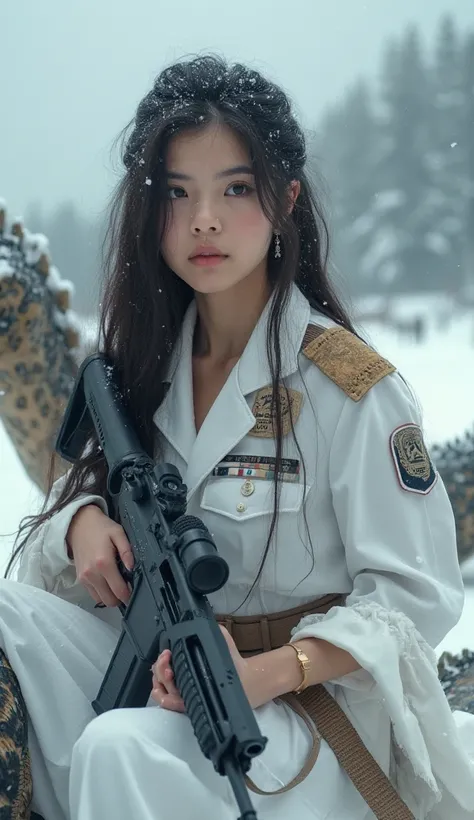 A Very Beautiful Indonesia Unreal Beauty Face Young Woman Wearing Indonesia Army White Uniform Sitting On The Giant Hieght Comodo Dragon, Giant Comodo Dragon Walking On Snow, Soldier Woman Holding A Sniper In Her Hand, Unreal Face Beauty, Unreal Skin, Unre...