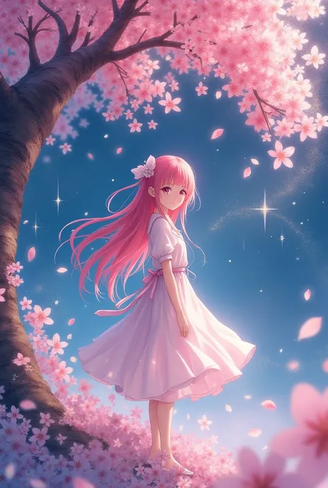 masterpiece, best quality, ultra-detailed, watercolor, full body, colorful, gradation, full body focus, cherry blossom tree, magic circle, night, a cute girl, 1girl, solo, skirt, beautiful pink hair, beautiful pink eyes, beautiful eyes, white-skinned, ribo...