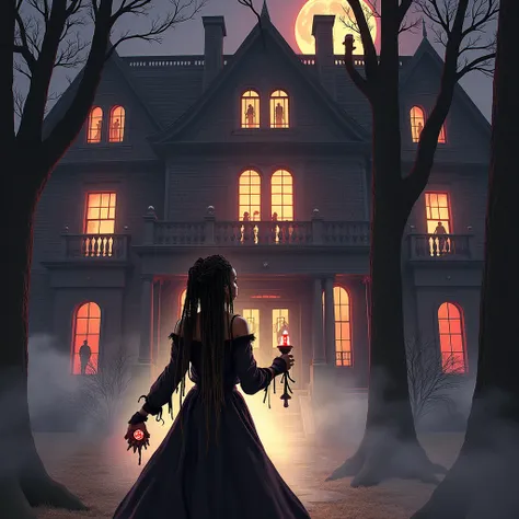 

1.  Dark Scenery with the Featured House

 • An imposing mansion ,  , surrounded by fog at the end of dusk ,  highlighting the windows with distorted silhouettes and those of ghosts watching from inside. 
	 • In the foreground , The character,  dressed t...