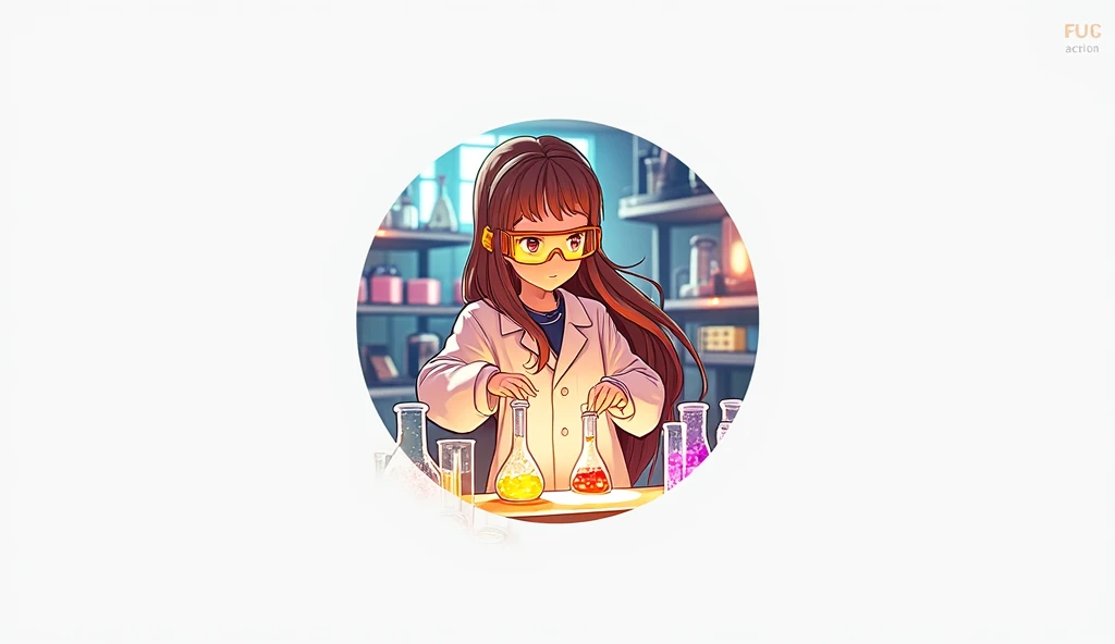 "A young anime girl with long, flowing hair, wearing a white lab coat and safety goggles, is conducting a chemistry experiment in a futuristic laboratory. She is surrounded by glass beakers filled with colorful liquids and is carefully pouring a substance ...