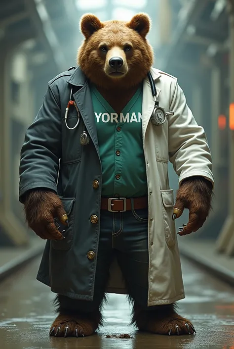 Bear in a mechanics coat and the other half in a doctors coat with letters on the chest that say Yorman with one hand one call adjustable and the other half an injector