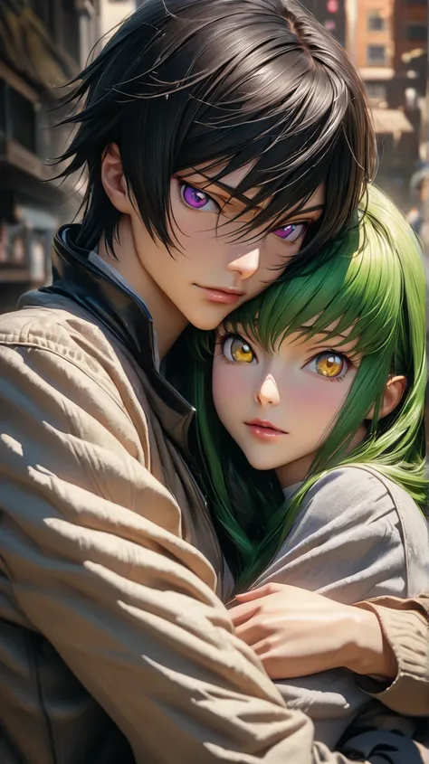 high quality, best quality, 4k, 8k, hyperdetailed, extremely detailed, masterpiece, photorealistic, physically-based rendering, sharp focus, vivid colors, anime, anime couple, man with short black hair, pruple eyes, woman with long green hair, yellow eyes,...