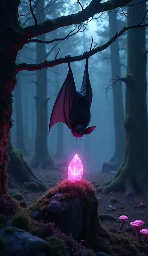 "Depict a bat hanging upside down from a branch in the middle of a dark forest, surrounded by the shadows of tall, gnarled trees with dense foliage. The bat is slightly extending its wings and leaning its head forward, appearing as if it is about to touch ...