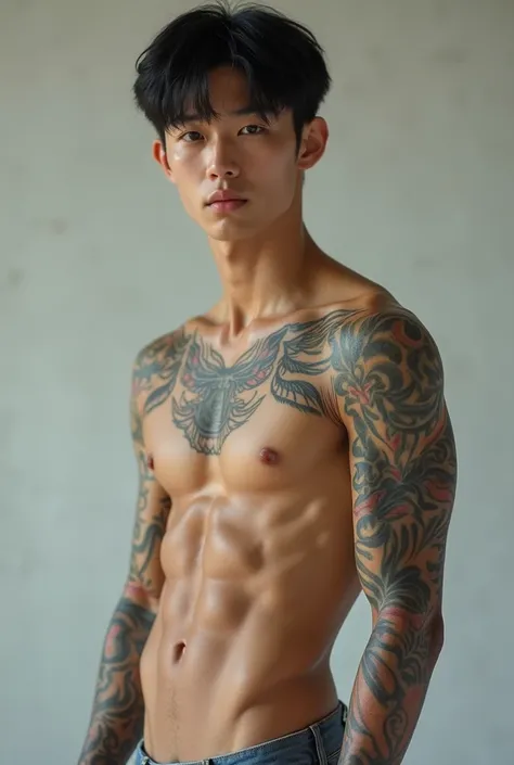 1Korean male teen, Very handsome, Age 15, White skin, Have a six-pack, Thin body, bare,   seen in full, Always full body tattooed , With pink tits,  a lot of belly hair ,  has a lot of armpit hair. , Raise your arms, A lot of sweat , Show doll ,  see cock,...