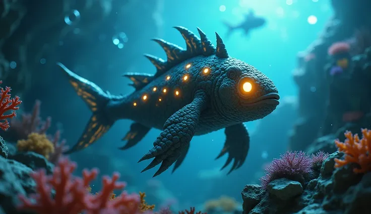 "A realistic depiction of a Minecraft Guardian in a real-world setting. The Guardian appears as a medium-sized, fish-like creature with a tough, scaly exterior resembling a mix of coral and ancient stone. Its body is adorned with sharp, spiny protrusions a...