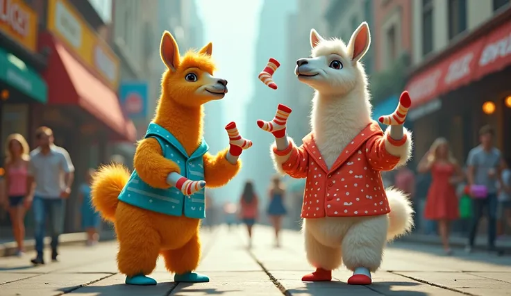 Back on the street, one llama starts juggling colorful socks in the air, with goofy sound effects accompanying each toss. Another llama breaks into a funny dance, spinning and twirling with exaggerated moves. The camera zooms in on the llamas’ pajamas—some...