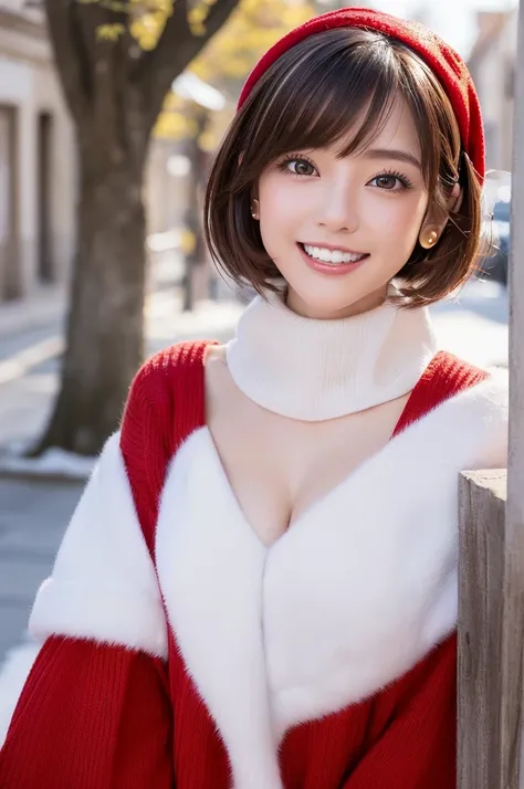  (Mask Piece:1.4、 best quality:1.4、 very charming adult beauty :1.4、 adding intense highlights to the eyes :1.4、 looking closely at the camera 、 beautiful woman full of adult charm :1.4),1girl in, solo,  light brown shiny hair 、 muffler 、 Santa Claus hat :...