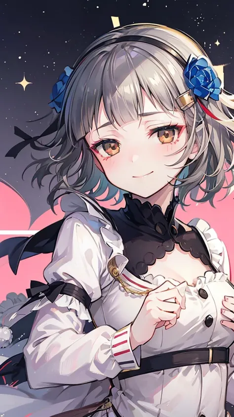 (((solo))), 1 woman, Sakuya Kurobane, sakuyaunif, kurobane_sakuya, (brown eyes), short hair, grey hair, black hairband, blue hair flower, red eyeliner, chest, blush, smile, (upper body), santa claus