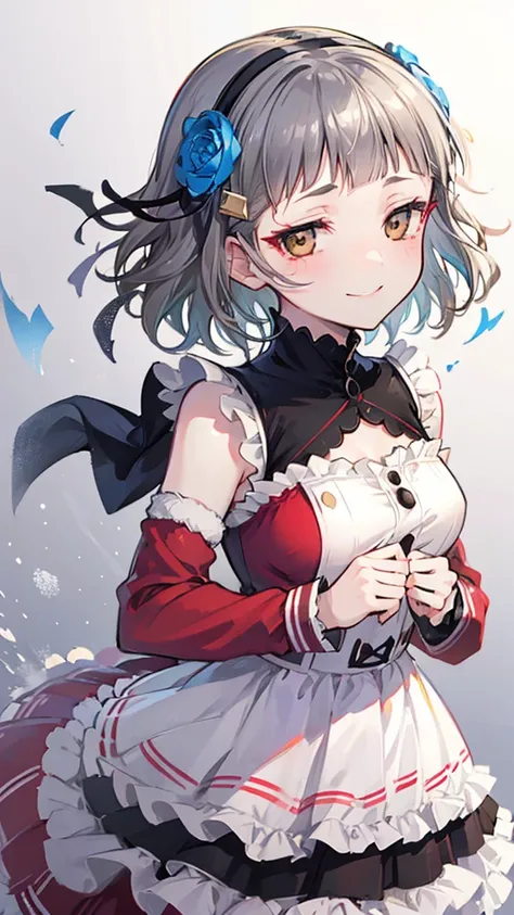 (((solo))), 1 woman, Sakuya Kurobane, sakuyaunif, kurobane_sakuya, (brown eyes), short hair, grey hair, black hairband, blue hair flower, red eyeliner, chest, blush, smile, (upper body), santa claus