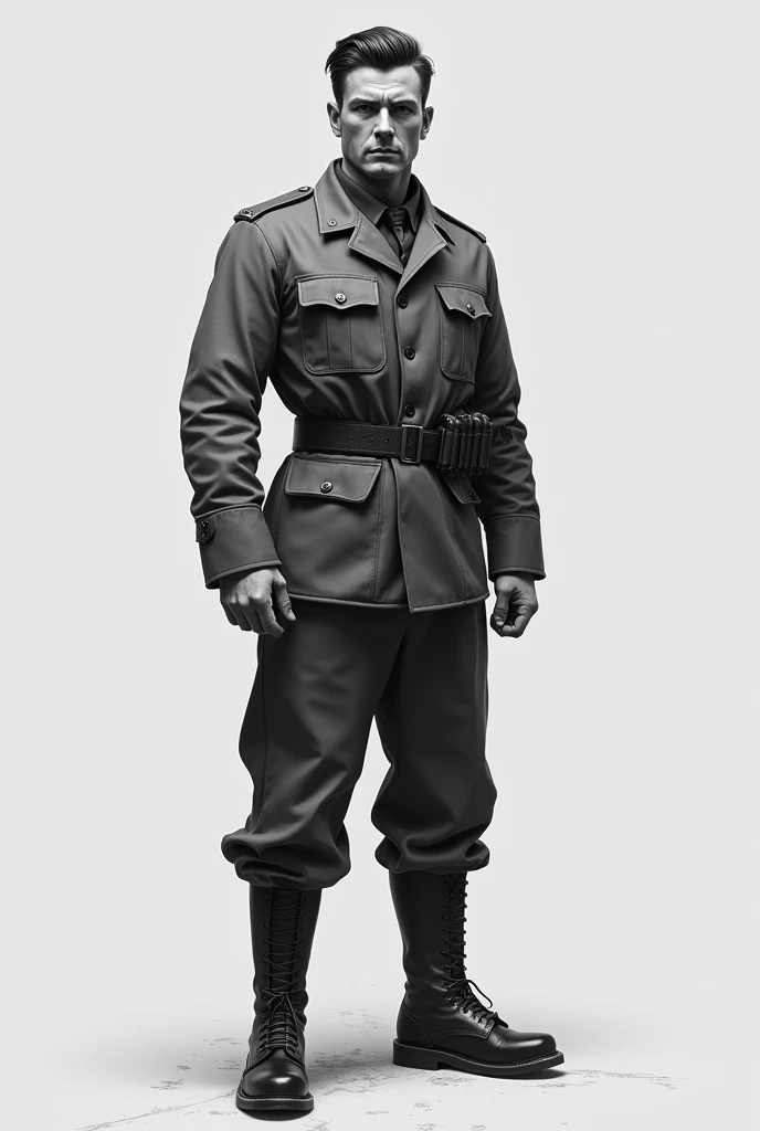 1940 military suit for efficient combat in black and white, realistic,  full body 