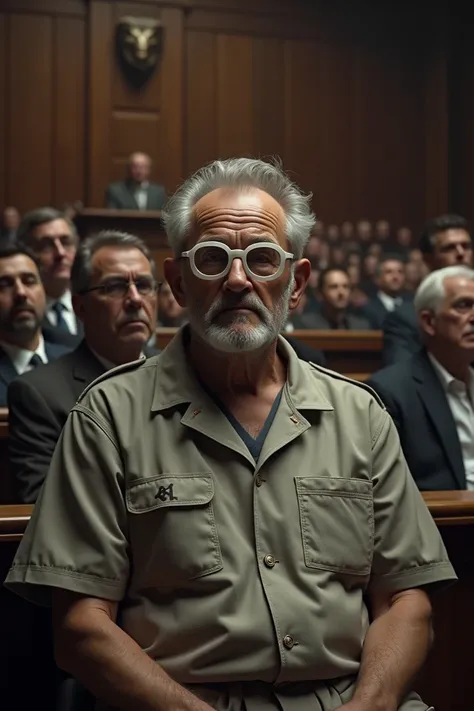 Generate a full image of a 71 years old man with a small grey beard and grey hair wearing a prison uniform and a white glasses. And seated in a crowded courtroom 