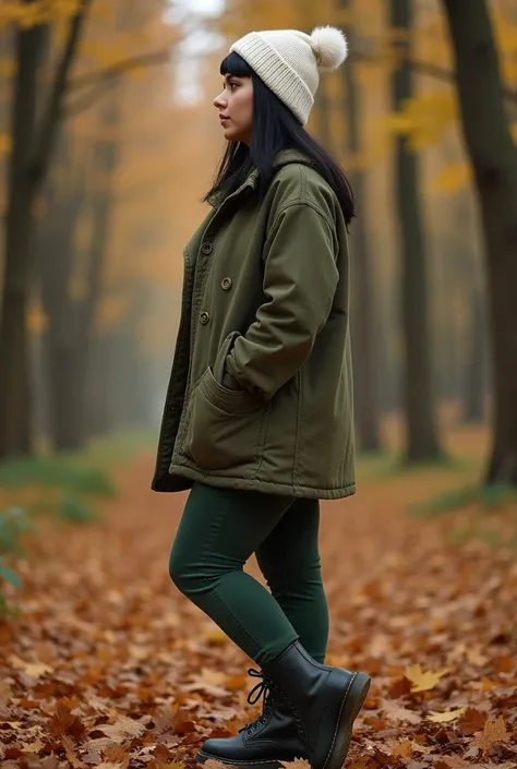 Photographie ultra réaliste, très détaillée, professionnel, 8K, UHD, 1 femme, corps en entier de la tête aux pieds, fesses ronde, gros seins, Iranienne, cheveux noir coupe au carré, de profil, dans une forêt en automne, bonnet en laine épaisse blanc, doudo...