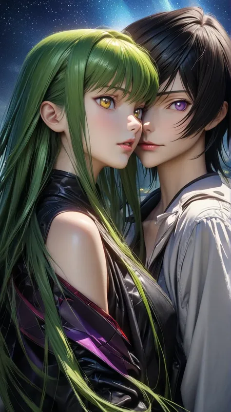 high quality, best quality, 4k, 8k, hyperdetailed, extremely detailed, masterpiece, photorealistic, physically-based rendering, sharp focus, vivid colors, anime, anime couple, man with short black hair, pruple eyes, woman with long green hair, yellow eyes,...