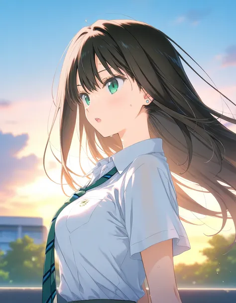 1girl, shibuya_rin, long hair, black hair, medium breasts, green eyes, school uniform, open mouth, sweat, outdoors, wind, game CG break,((artist:shida_kazuhiro)),(artist:mitsumi_misato),(artist:fujiyama),,(masterpiece), (best quality), (ultra-detailed), ve...