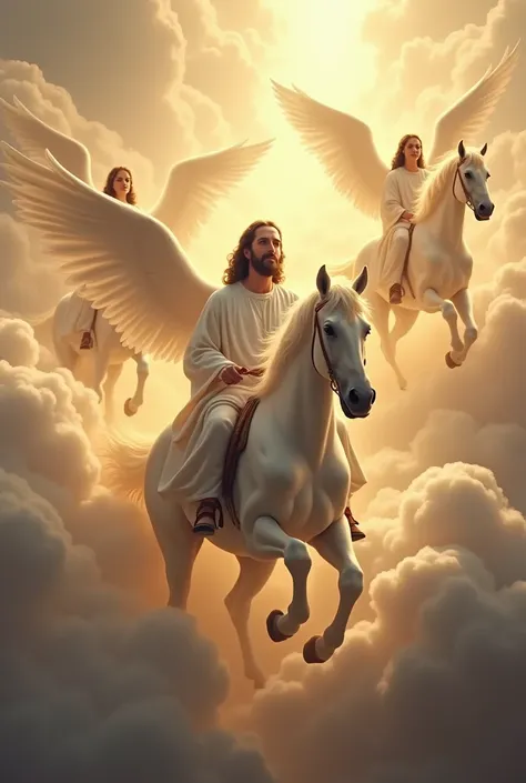 Jésus-Christ monté sur un cheval blanc et des anges les suivent derrière tous ils sont sur des cheval sur des nuées 