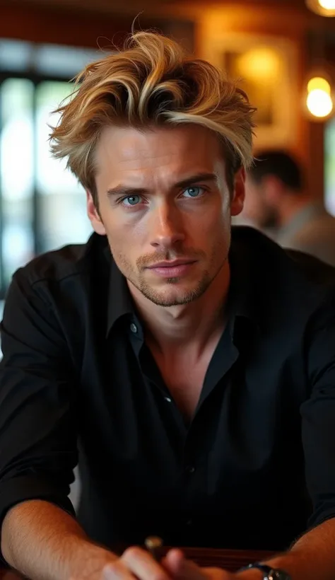 blonde man blue eyes black shirt sitting at a table in a cozy bar frontal position looking forward close-up photo