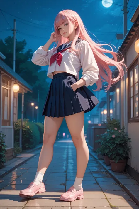 Adult girl, Solo, pink long hair, wearing japanese school uniform, standing pose with hands in pocket, shot at night, full body from head to toe, High Resolution, Best Quality, Anatomically Correct, 