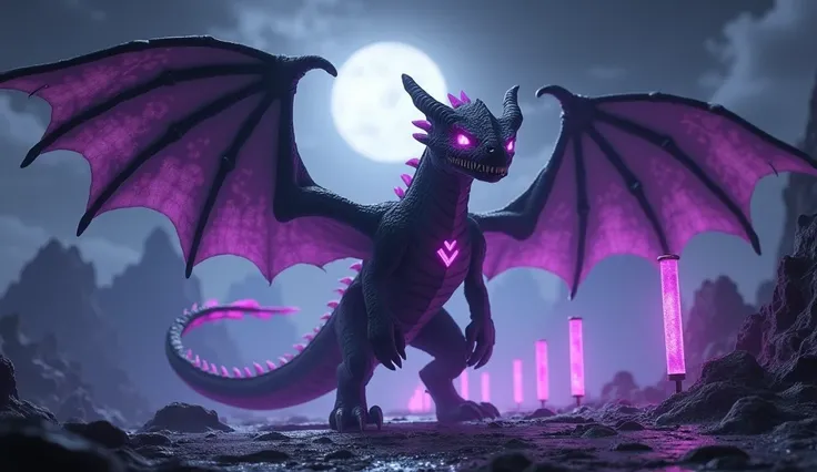 "A realistic depiction of a Minecraft Ender Dragon in a real-world setting. The Ender Dragon is a massive, majestic creature with dark, obsidian-like scales that shimmer faintly in the moonlight. Its glowing purple eyes radiate an intense, otherworldly ene...