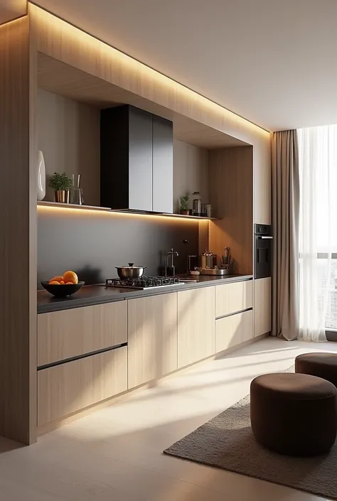 Professional 3d architecture perspective  rendering design of modern and minimal and high tech design for  elegant  and  luxurious kitchen with  modern  light trout cabinets and  velvet dark brown 3 chairs and dark wooden for island’s surface and modern ac...