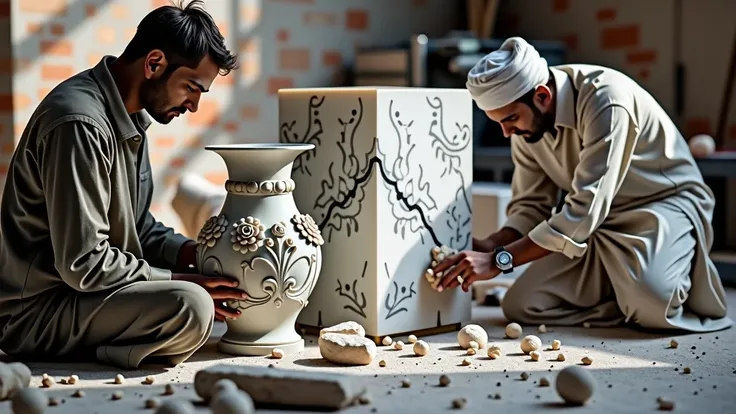 Two Pakistani artisans working in a marble workshop,  one carving by hand a large and detailed vase with flower reliefs ,  and the other using a machine to carve a large block of white marble with gray veins.  The workshop has an industrial environment , w...