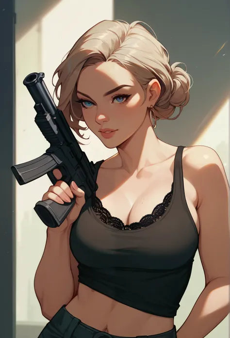 score_9, score_8_up, score_7_up, adult,

A close-up photograph of a 1 girl standing confidently in an indoor setting, holding two large guns at shoulder level. The woman is dressed in a black lace tank top. The background consists of light beige wall panel...