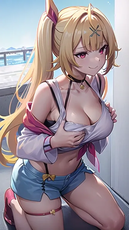 ((( best quality)), ((masterpiece)), ( Details), red eyes,  yellow eyes, smirking ,  side ponytail,  x Hair Ornament,Big Breasts, showing cleavage ,((breast squeeze)), seam, Blue shorts,  front tie top,   hair bow , abdomen,  Short Shorts ,  panty strap , ...