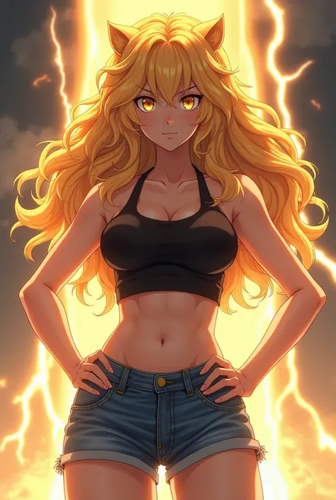 
A woman in anime style, with voluminous, lion-like golden hair that shines brilliantly, highlighting equally golden and piercing eyes. She wears a tight black top that accentuates her figure and short denim shorts, left unbuttoned, giving her a casual yet...