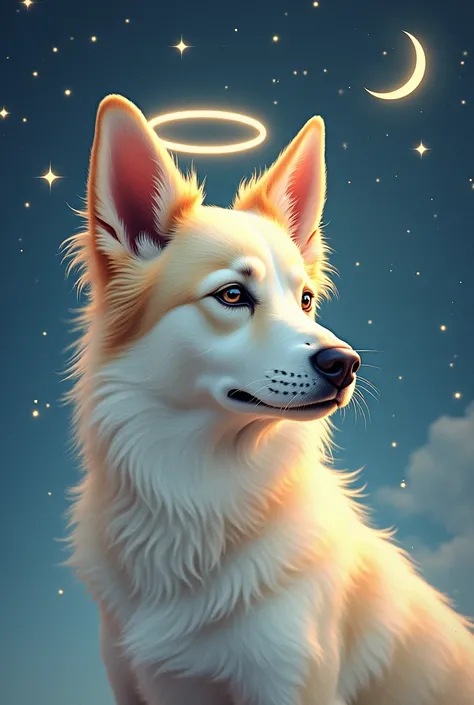  Gentle tattoo of a dog with a halo as a star in the sky, constellation , moon