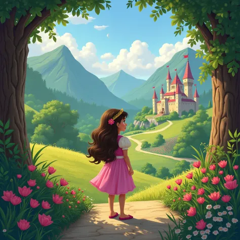 5 pictures for a book chapter 

Title: The Brave Princess and the Magic Garden

Chapter 1: The Lonely Castle
Once upon a time, in a kingdom surrounded by towering mountains and sparkling rivers, there lived a kind-hearted princess named Lila. Though her ca...