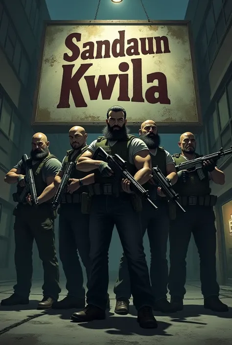 Group of men standing carrying guns the writing Sandaun Kwila as a bill board behind them ( make it dark and authentic) Anime type photo