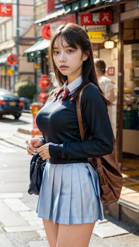 a beautiful 18 year old Japanese high school girl with perfect anatomy, healthy thighs, beautiful legs, beautiful skin, random hair color and style, large breasts, (wearing a Japanese schoolgirl uniform:1.3), holding a student bag, full body shot, standing...