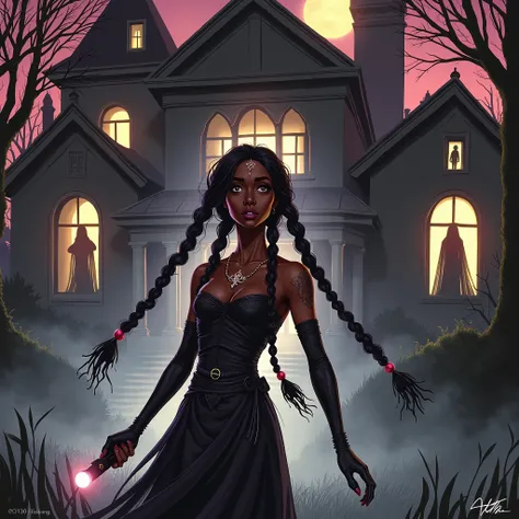 

1.  Dark Scenery with the Featured House

 • An imposing mansion ,  , surrounded by fog at the end of dusk ,  highlighting the windows with distorted silhouettes and those of ghosts watching from inside. 
	 • In the foreground , The character,  dressed t...