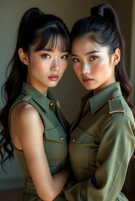 2 Thai beautiful women, very white and pinkish skin, both are medium breasts and perfect figure, one woman with black long hair with poly tail, another one dark brown hair with high bun, both are in unbuttoned Army uniform, face to camera and smiling with ...