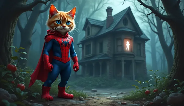 A cat wearing spider Man uniform standing in Forest back side a haunted house and a creepy lady ghost looking from haunted house window